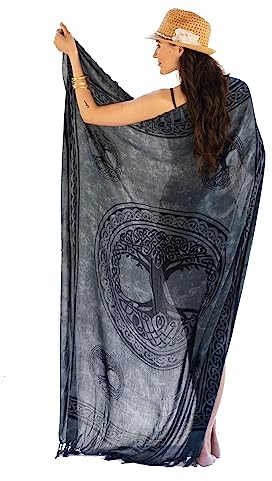 NELUHA Sarong Tuch Damen Mit Saronghalter Pareo Wickeltuch Handtuchkleid Wickelrock Strandtuch XXL Tuch Männer Tree of Life Grau
