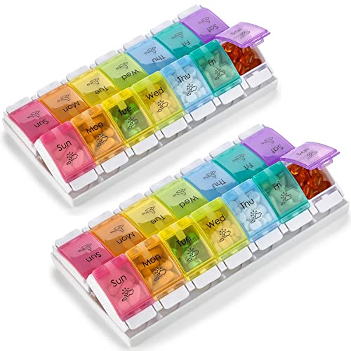 7-dagars pillerarrangörer - (förpackning med 2) Enkel tryckknappassisterad öppen, AM PM Daglig resepiller Box Planner och stora fack för medicinering Vitaminer Fiskolja & kosttillskott, BPA-fri