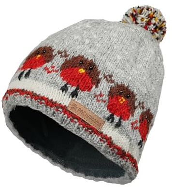 Dam ull tofsmössa hatt handstickad söt rödhake design flerfärgad en storlek handgjord extra varm Pachamama, Grå, röd, brun, vit, gul, en storlek