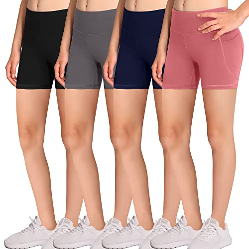 DALIGIRL Girl's Volleyball Bike 4 Packs Spandex Compression Pockets Dance Yoga Athletics Shorts, Black/Navy/Grey/Pink, Medium