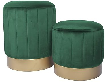 Rebecca Mobili Lot de 2 Poufs en Velours, Tabouret, Vert, MDF Fer, avec Rangement, pour Salon Chambre À Coucher - Dimensions HxLxP : 44 x 35 x 35 cm - Art. RE6834