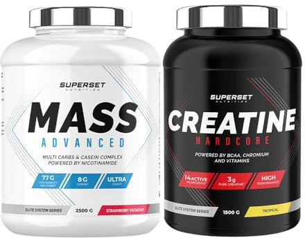Superset Nutrition | Programme Prise De Masse Avancé - Mass Advanced 2,5kg Fraise Yogourt - Créatine Hardcore 1,5 Kg Tropical