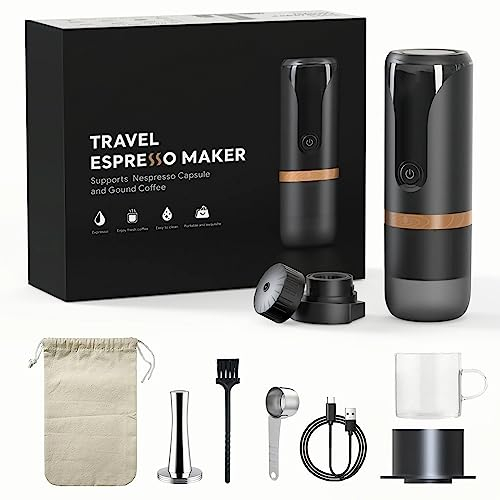 Cafetera portátil de 9 bares de presión, 2 en 1, pequeña, compatible con cápsulas, café molido, perfecta para viajes, camping, senderismo, oficina, cocina, color negro
