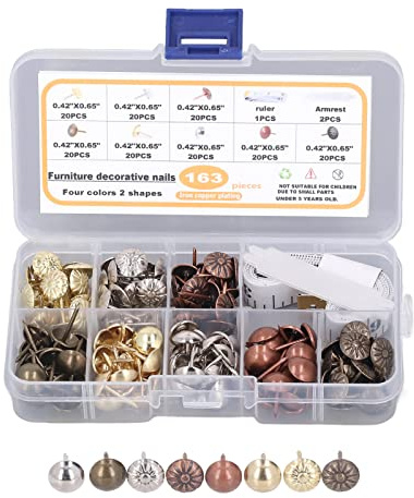 163 Piezas Juego de Clavos Decorativos de Acero Al Carbono para Tapicería para Muebles Decoración Antigua Bronce Cobre Oro Plata Color Crisantemo Incluyendo Martillo y Regla de