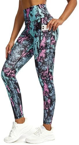 Tuspryt sportleggings dam långa, ogenomskinliga tryckta träningsbyxor löparbyxor dam med fickor