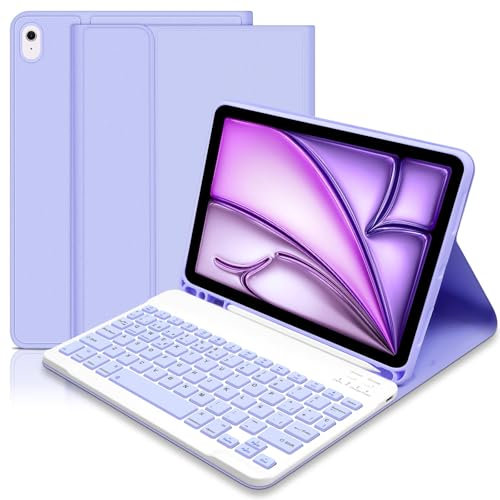 Teclado para iPad Air de 11 Pulgadas M3 2025/M2 2024, Funda con teclado para iPad Air 11, Ultra Delgada Funda con Portalápices,Teclado Bluetooth Magnético Desmontable para ipad Air 5/4 Gen, Púrpura