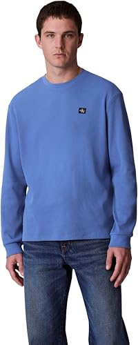 Calvin Klein Camiseta de Manga Larga Hombre Waffle Badge tee con Cuello Redondo, Azul (Dull Nile Blue), L