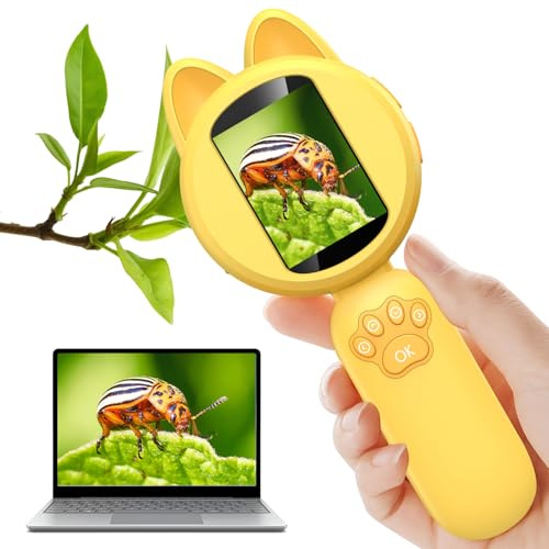 Microscope for Kids -Portable Magnifying Glass, Handheld Pocket Microscope for Children with 2-Inch IPS Screen, 8 LED Lights,Nature Exploration Toys for Lab Study and Educational Use Yellow
