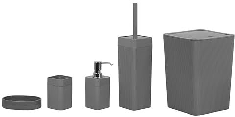 URBNLIVING 5pcs Luxury Plastic Bathroom Accessories Set Beige Grey Modern Bin Soap Dispenser Toothbrush Holder Soap Dispenser WC Brush (Grey)