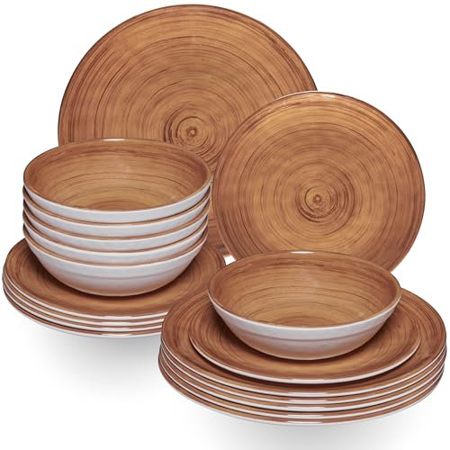 Vaisselle en mélamine marron pour 6 personnes - 18 pièces - Aspect bois - Passe au lave-vaisselle - Accessoires de camping - Caravane - Festival - Pique-nique - Fête de jardin