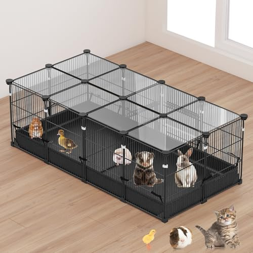 22 Panels Small Animal Playpen, Pet Playpen, Small Animal Cage with Doors & Waterproof Mat, Metal Wire Yard Fence for Rabbits, Guinea Pigs, Hamsters, Chicken, Hedgehogs, Indoor Outdoor Pet Cage Black