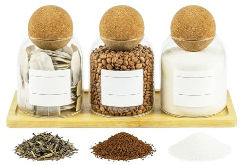 Spares2go Glass Jar Canisters with Cork Ball Lids Tea Coffee Sugar Containers + Wooden Stand + Labels (Set of 3, 500ml Capacity)