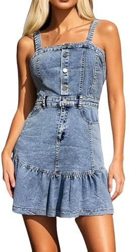 Vestido Mujer Casual Tirantes Cuello Cuadrado Vaquero Botones Tipo Tubo. Falda Mini Cute con Volantes. Vestidos Verano Mujer Moderno.