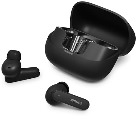 Philips TAT3000BK True Wireless Earbuds med adaptiv brusreducering, 48h speltid, SecureFit spetsar, 6 micks Clear Calls, Bluetooth 6.0, Auracast, IPX4, kompakt fodral, Svart