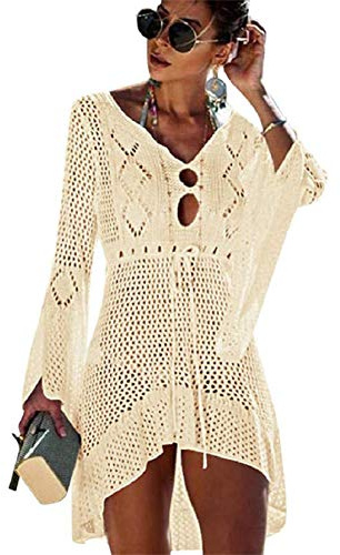 Womens Beachwear Cover Ups, Women's Bathing Suit Cover Up Beach Bikini Swimsuit Swimwear Crochet Dress (A - Beige)