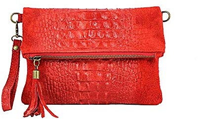 OBC Made in Italy Damen echt Leder Clutch Tasche Kroko Wildleder Handtasche Umhängetasche Ledertasche Schultertasche Fransen Cross-Over Rot