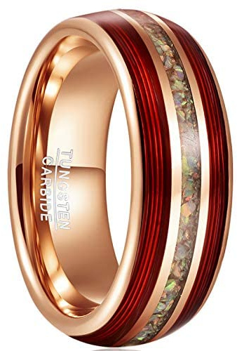 SFERT Anillos de tungsteno para hombre de oro rosa de 8 mm con ópalo y cuerda de guitarra/incrustaciones de cable para compromiso, boda, aniversario, amistad, tamaño 7-12