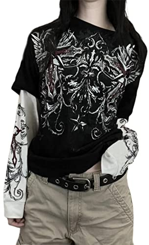 Camisa gótica para mujer, de manga larga, vintage, con estampado cruzado, cuello redondo, blusa estética delgada, recortada, ropa grunge, Negro#3, M