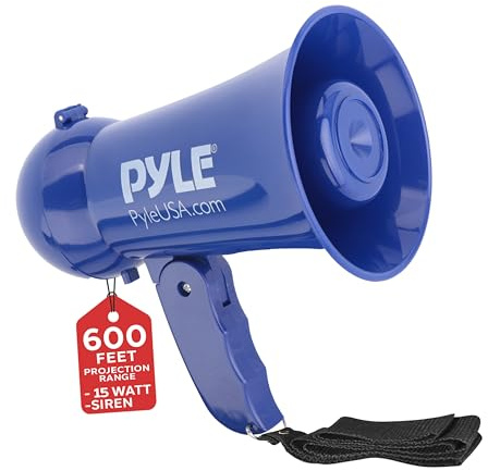 Pyle Portable Battery Operated Megaphone - Mega Horn Loudspeaker with Built-in Siren and Dynamic Microphone - Ideal for Cheering at Football Games, Mini Bullhorn for Kids and Adults,Navy Blue