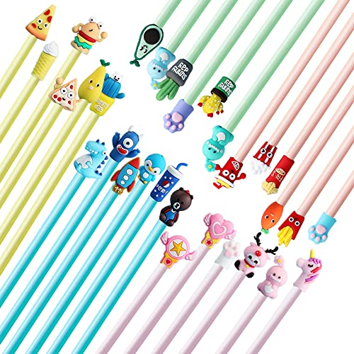 Kraeoke 30 Stück HB Bleistifte mit Kappen Set Ergonomische Dreieckige Pencil mit Niedlichen Stiftkappen für Kinder