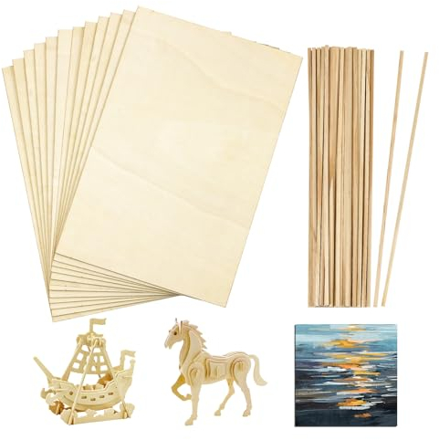 12 Pcs Balsa Wood Sheets and 50 Pieces Wooden Sticks, 20*30*0.2cm Basswood Sheets Unfinished Wood Board, for Home Decoration, DIY Crafts Projects, Woodcraft Model, Painting and Engraving (20*30*0.2cm)