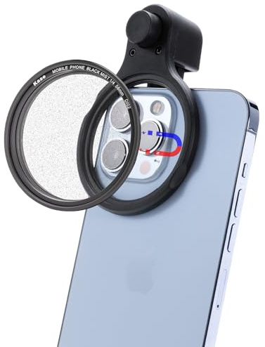 Kase 58mm Clip-on Magnetic Black Mist 1/4 Diffusion Filter for iPhone 16 15 14 Pro Max 13 12 11 Samsung Xiaomi, Mist Dream Cinematic Effect Filter for Video/Vlog/Portrait Photography