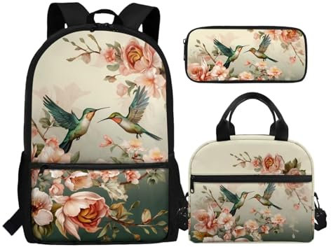 Oamsistay Schulrucksack-Set, 3-teilig, mit Lunchtasche, Stifttasche, Schulrucksack, Kinderrucksack für Mädchen, tragbare Lunchtasche, Kolibri, Einheitsgröße, Rucksack, Rucksäcke