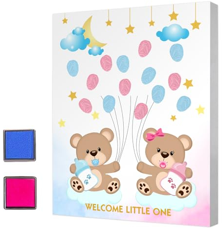 Albero delle impronte digitali per la rivelazione del genere per Baby Shower, Gioco di rivelazione del genere dell'orso per baby shower, Ricordo della rivelazione del genere, Decorazione su tela