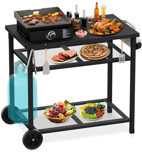 JYiuog Carrito de barbacoa multifuncional, 3 niveles, carrito de cocina con soporte para toallas de papel y ganchos, mesa auxiliar para exteriores (negro)