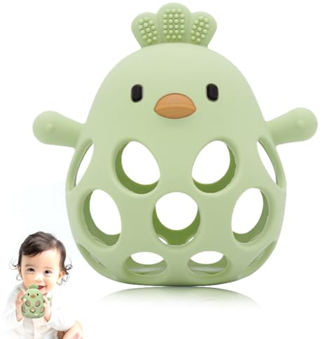 Teething Toys for Baby - New Infant Silicone Chicken Baby Teether Toy Sensory Toy from 0 Months Prevents Finger Sucking - Teethers Aid & Grasping Ball - Gifts for Boys & Girls (Olive)
