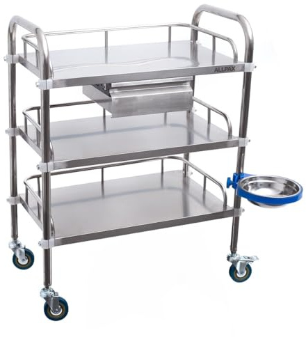 Allpax Laborwagen aus Edelstahl mit 3 Ablagen, einer Schublade und einem drehbaren Mülleimer, 600 x 400 x 860 mm, ca. 135 kg Tragfähigkeit - Materialwagen, Medizinwagen, Küchenwagen