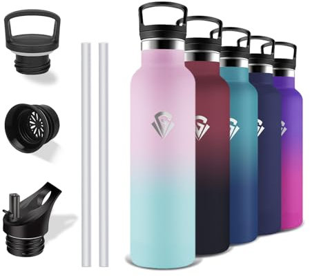 Grsta Thermosflasche, 500ml Trinkflasche Edelstahl, mit Strohhalm, BPA-Frei, Auslaufsicher, Isolierflasche Doppelwandig, Wasserflasche für Schule, Camping, Büro, Reisen