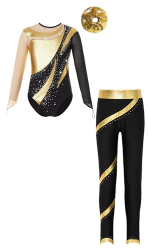 ranrann Enfant Fille Justaucorps Legging et Elastique des Cheveux Tenue Gymnastique Patinage Artistique Danse Costume Spectacle 5-16 Ans A Or 9-10 ans