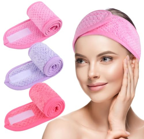 KinHwa Microfibre Bandeau Cheveux Femme Maquillage，scratch cheveux Spa lavable pour Soin Visage,Réglable Headband avec Magic Tape Élastique pour le bain, démaquillage et sport, rose, violet clair