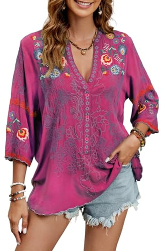 St.Lareina Mexican Shirts Peasant Blouses Cotton Embroidered 3/4 Sleeve Summer V Neck Tunic Bohemian Tops Boho Clothes for Women Pink