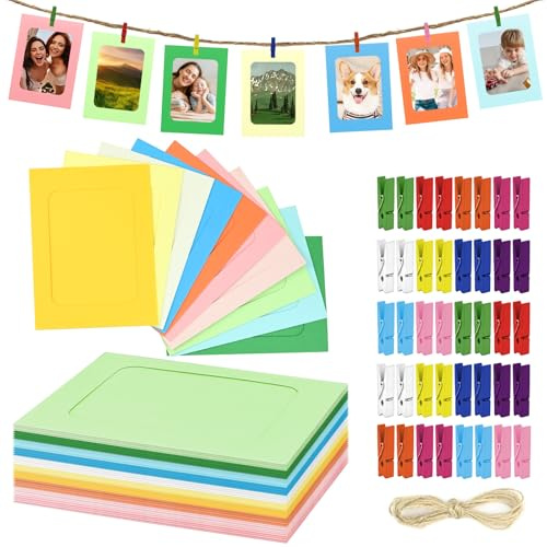 40 Stück Fotogirlande - 10x15 cm Fotoleine mit Klammern, Papier Bilderrahmen mit 40 Stück Holzklammern, DIY Selbstklebende Bilderrahmen 6 Zoll für Geburtstag Hochzeit Party Wand Deko (Farbe)