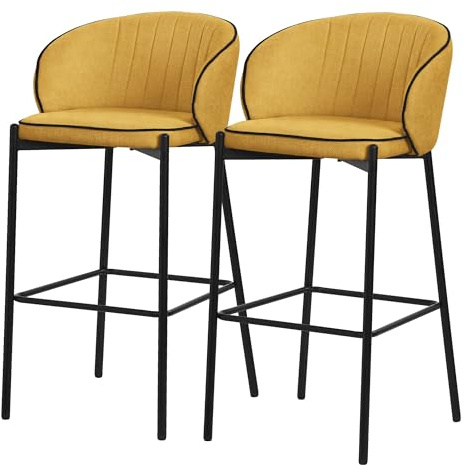 ML-Design Barstolar 2-pack Senap Tygklädda Högstolar 76 cm Bekväma Köksstolar med Ryggstöd Fotstöd Metallram Stabila Bistrostolar Ergonomiska Stolar för Kök Hem Bar Lounge Restaurang Café Moderna