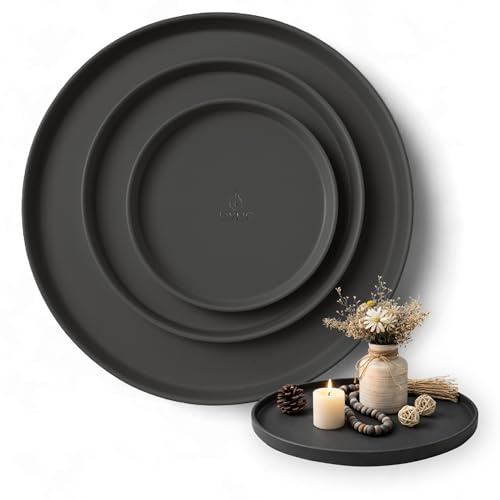 Deko Tablett 3er Set, Serviertablett rund (25 cm, 30 cm, 40 cm), Dekotablett für Adventskranz, Kerzentablett & ganzjährige Deko, Stilvolles Tablett rund Schwarz - Made in Europa