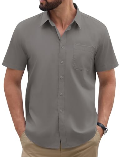 heekpek Camicia Uomo Maniche Corte Estiva Button Down Camice Corta Slim Fit Elegante Leggera Maglietta Camicie con Tasca, Grigio, M