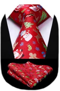 HISDERN Uomo Cravatta natalizia Tree Elk Snowman Babbo Natale Pattern Festa tessuta Cravatta e fazzoletto