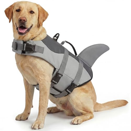 ASENKU Dog Life Jacket - Pet Safety Vest for Swimming & Boating, Shark Life Jacket with Floatation, Dog Lifesavers Swimsuits for Small Medium Large Dogs (Grey, 2XL)