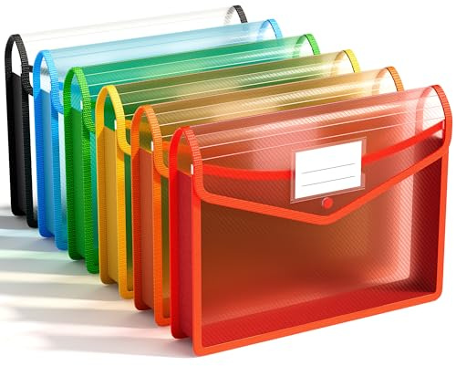 ABC life 6 Pack Plastic Expanding File Folder, Folders for Documents with Snap Closure, Colorful File Folder Organizer Holder, Transparent Accordion File Pouch,Large Capacity, Fit Letter/A4 Size