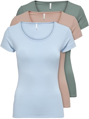 ONLY - 15209153 - Lot de 3 t-shirts pour femme - Noirs ou blancs - Manches courtes - Longs - Basiques - T-shirts d'été - Tailles XS, S, M, L et XL