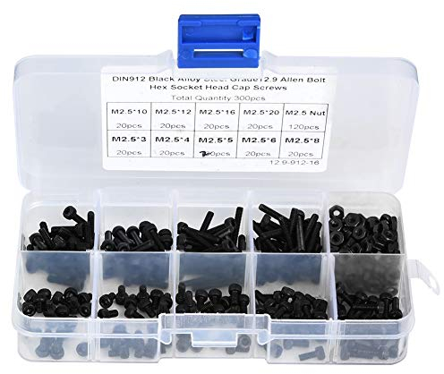 M2,5 x 3-20 mm Innensechskantschraube, 300 Stk. M2,5 x 3-20 mm 12,9 Grad schwarzer Sechskant-Innensechskant-Kopfschraube mit Muttermutter für Fahrzeugwartung, Maschinenreparatur, Haushaltsgebrauch.
