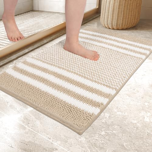 Biscpro Badematte 50 x 80 cm, rutschfest und Waschbar Chenille Badezimmerteppich, Badteppich Weicher Saugfähige Duschvorleger für Badezimme, Badewanne und Toilette, (Beige)