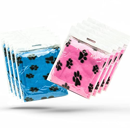8 x hundfiltar tvättbara med tassavtryck hundfilt | kattfilt | Mjuk varm hund fleece djur husdjur filt valpfilt säng resa paket (blå och rosa, 70 cm x 73 cm (paket med 8))