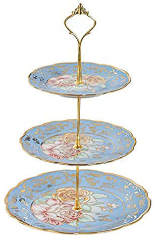 3 piani in ceramica vintage supporto per torta con bellissimi modelli di rosa classica, per la visualizzazione di piatto di torta (blue)