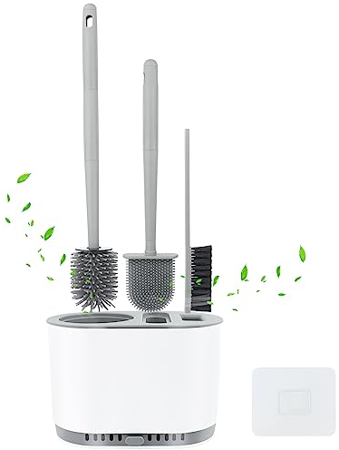 KEWUZY Klobürste Silikon, WC-Bürste Silikon mit Schnell Trocknendem Haltersatz, Multifunktionale 3-in-1 Toilettenbürste, Rundum-Reinigung Toilettenbürste, Grau