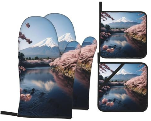 Juego de 4 manoplas de horno y soportes para ollas, guantes antideslizantes resistentes para barbacoa, cocina, hornear, parrilla, impresión de paisaje Fuji de Japón