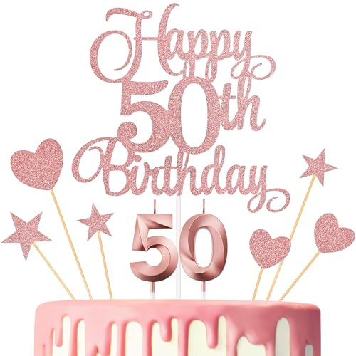 Lecferrarc 50th Birthday Cake Decorations, 50th Birthday Candles Cake Numeral Candles and Glitter Happy 50th Birthday Cake Toppers Set for Birthday Party Supplies (Rose Gold)
